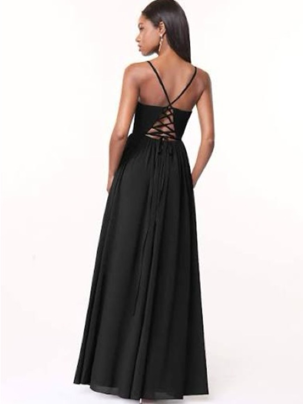 Azazie Marylissa Black Spaghetti-Strap Maxi with Lace-Up Back